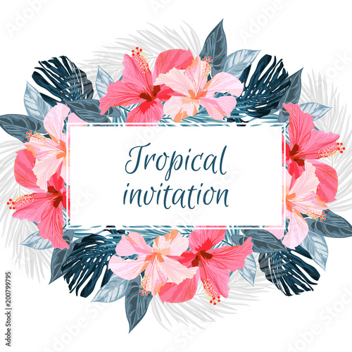 Summer tropical background design with palm leaves and exotic red hibisus flowers. Vector floral invitation and greeting card template. photo