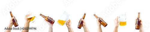 Bunch Of Hands Holding Mugs And Bottles Of Beer Up At Party Giving A Cheers Isolated On White Background