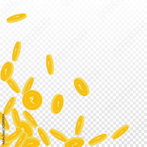 Indian rupee coins falling. Scattered big INR coins on transparent background. Surprising scattered bottom left corner vector illustration. Jackpot or success concept.