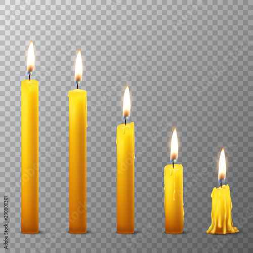 Vector 3d realistic different orange paraffin or wax burning party candle icon set closeup isolated on transparency grid background. Whole, melted and candle stump. Design template, clipart for