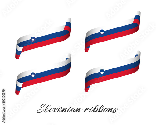 Set of four modern colored vector ribbons with Slovenian tricolor isolated on white background, flag of Slovenia, Slovenian ribbons