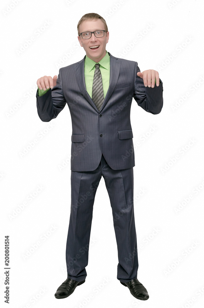 Fototapeta premium Businessman looks out from some copy space in front of him for placard or poster message. Special offer template. Product presentation.