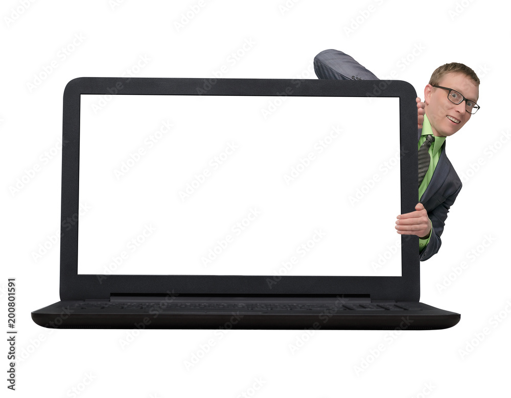 Little businessman looks out from a big laptop computer with blank screen. Special offer template. Product presentation. Big sale. Little businessman looks out from a big laptop computer with blank screen. Special offer template. Product presentation. Big sale.