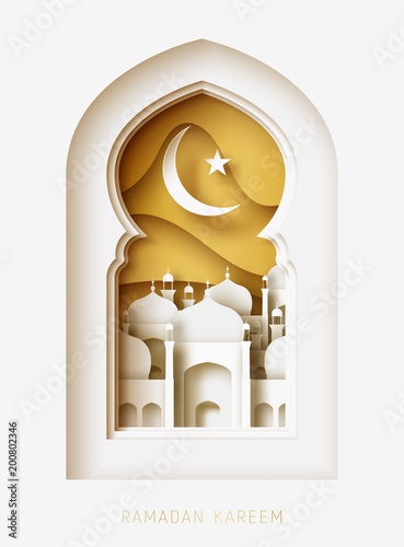 Ramadan Kareem 3d abstract paper cut illustration. Window with islamic mosque. moon and gold sky.