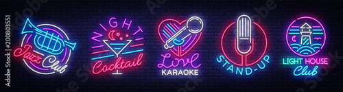 Logo collection in neon style. Neon Signs Collection Jazz Club, Night Cocktail, Karaoke, Stand Up, Lighthouse Night Club. Nightlife, neon signboard, bright advertising. Vector illustration