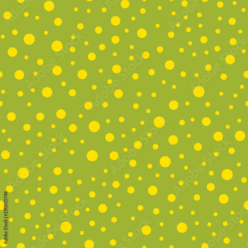 Yellow polka dots seamless pattern on green background. Marvelous classic yellow polka dots textile pattern in restrained colours. Seamless scattered confetti fall chaotic decor. Vector illustration.