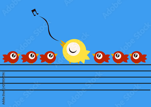 A yellow bird teaching how to sing to other little red birdsover electricy wires. Vector Illustration