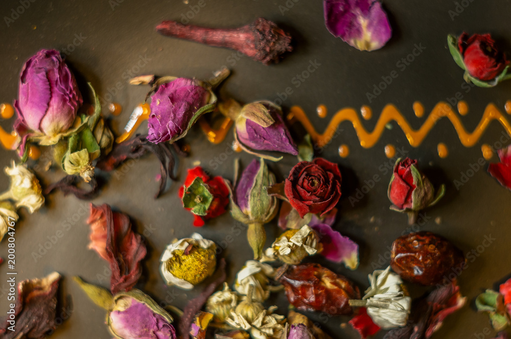 flower tea-buds and fruits of wild rose, chamomile and other ingredients