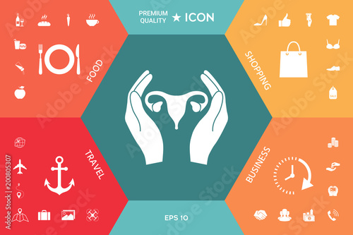 Hands holding Female uterus - protection icon