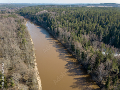 drone image. aerial view of forest river in spring. Gauja  Latvia