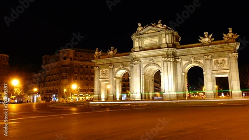 MADRID, SPAIN - APRIL 3, 2018: The Puerta de Alcala. Time lapse.	Alcala Gate is a Neo-classical monument in the Plaza de la Independencia in Madrid.