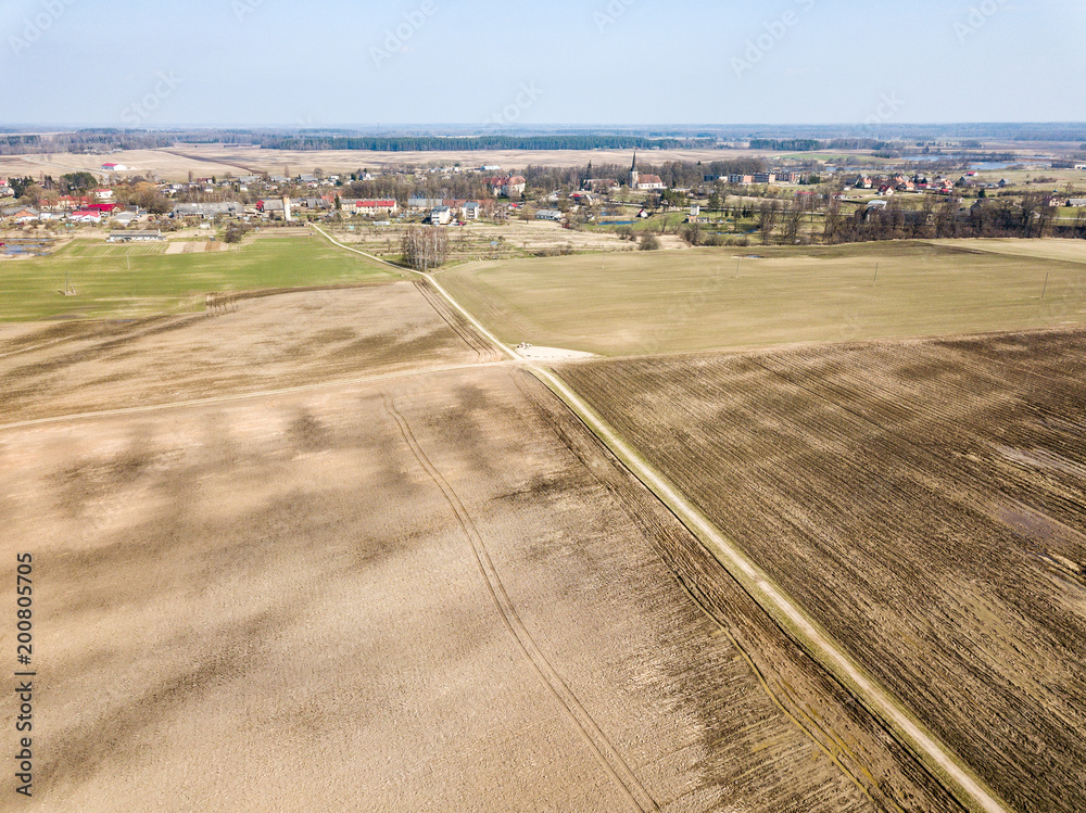 drone image. aerial view of wet cultivated agriculture fields near Jaunpils in Latvia