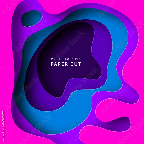 Fototapeta Naklejka Na Ścianę i Meble -  Paper cut vector background. Paper art is violet and blue colors. Square template with paper figures. Bright modern design for poster, flyer, poster, postcard