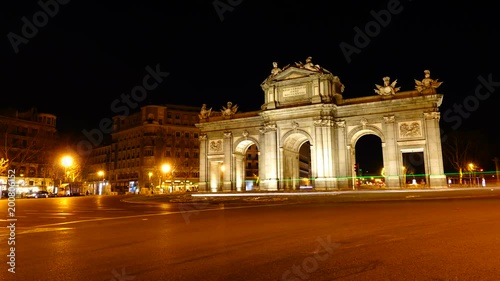 MADRID, SPAIN - APRIL 3, 2018: The Puerta de Alcala. Time lapse.	Alcala Gate is a Neo-classical monument in the Plaza de la Independencia in Madrid.