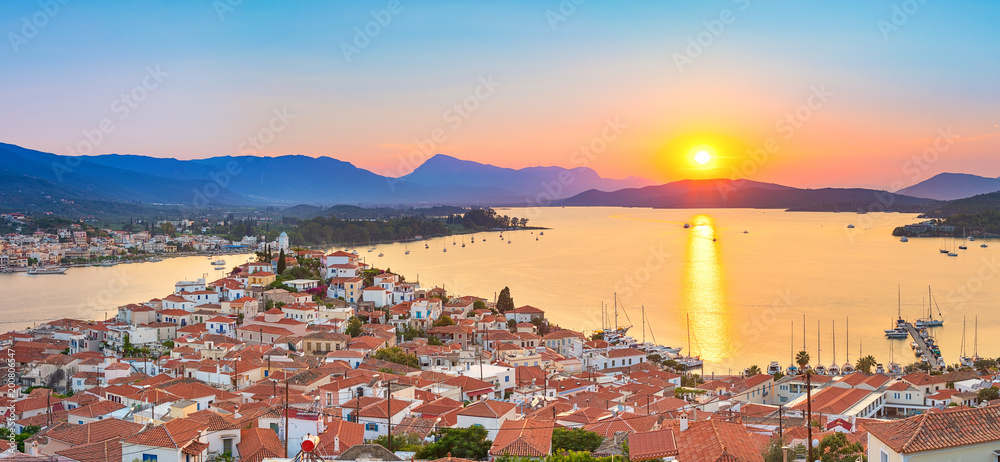 Sunset on Poros island in Aegean sea, Greece