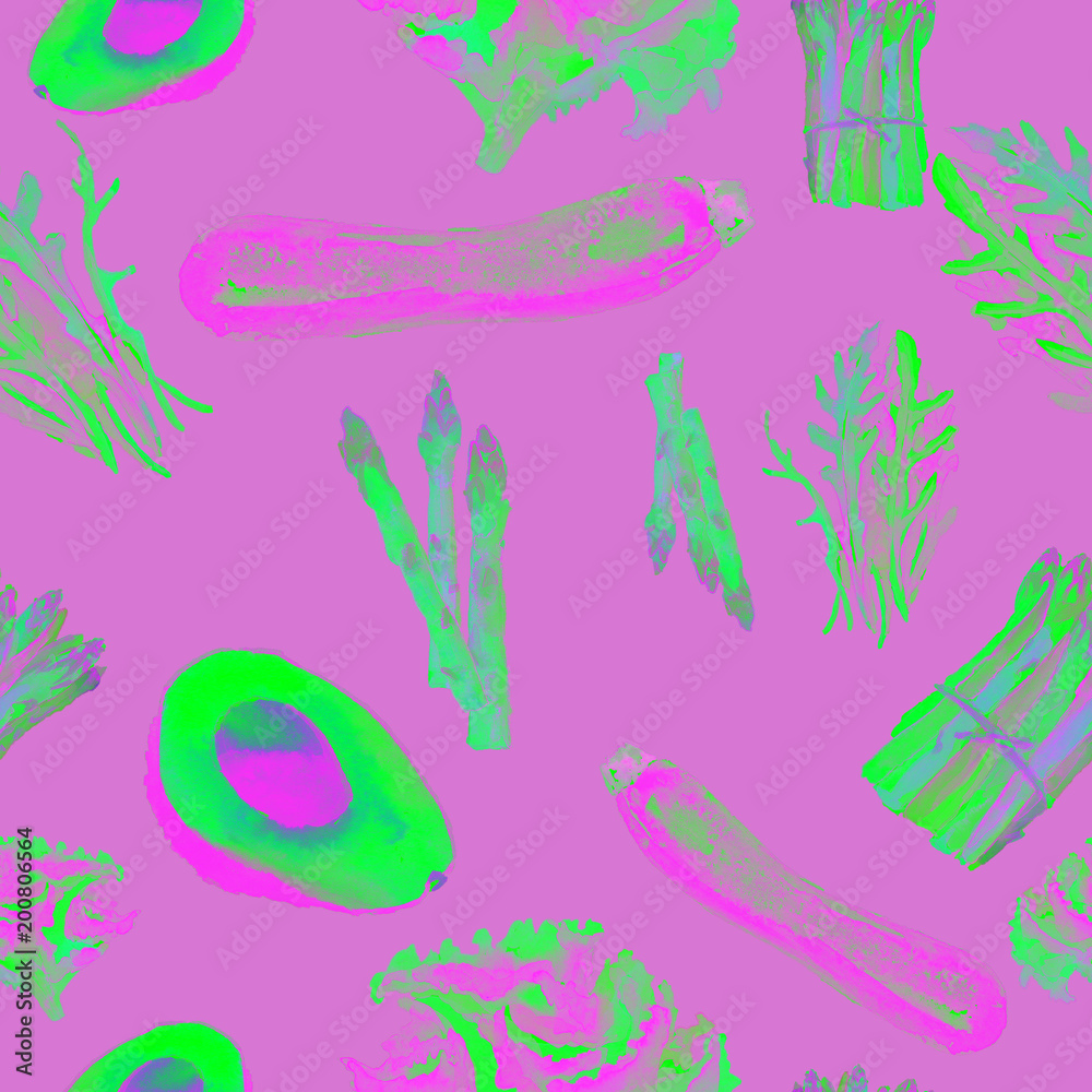 Obraz premium Vegetarian Seamless Pattern. Repeatable Pattern with Healthy Food. Hand Drawn Watercolor Vegetables.