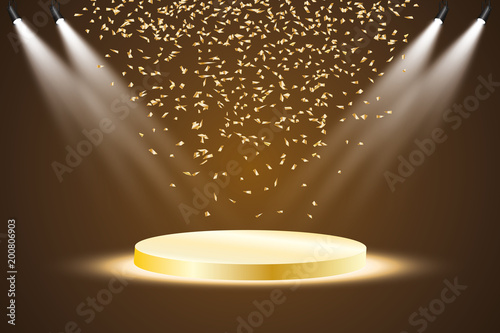 
Golden podium with a spotlight on a dark background, with fog and confetti, the first place, fame and popularity. Vector illustration
