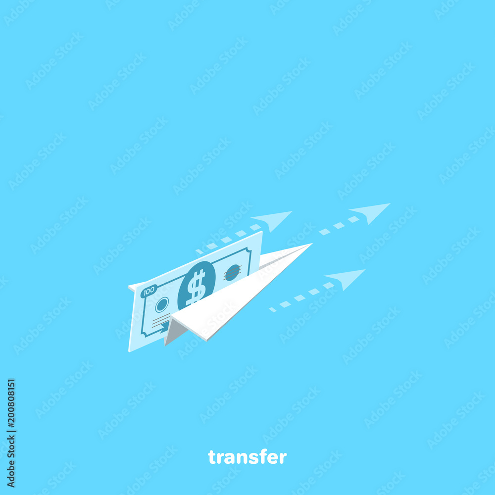 A paper airplane flies with a bill inserted into it, an isometric image