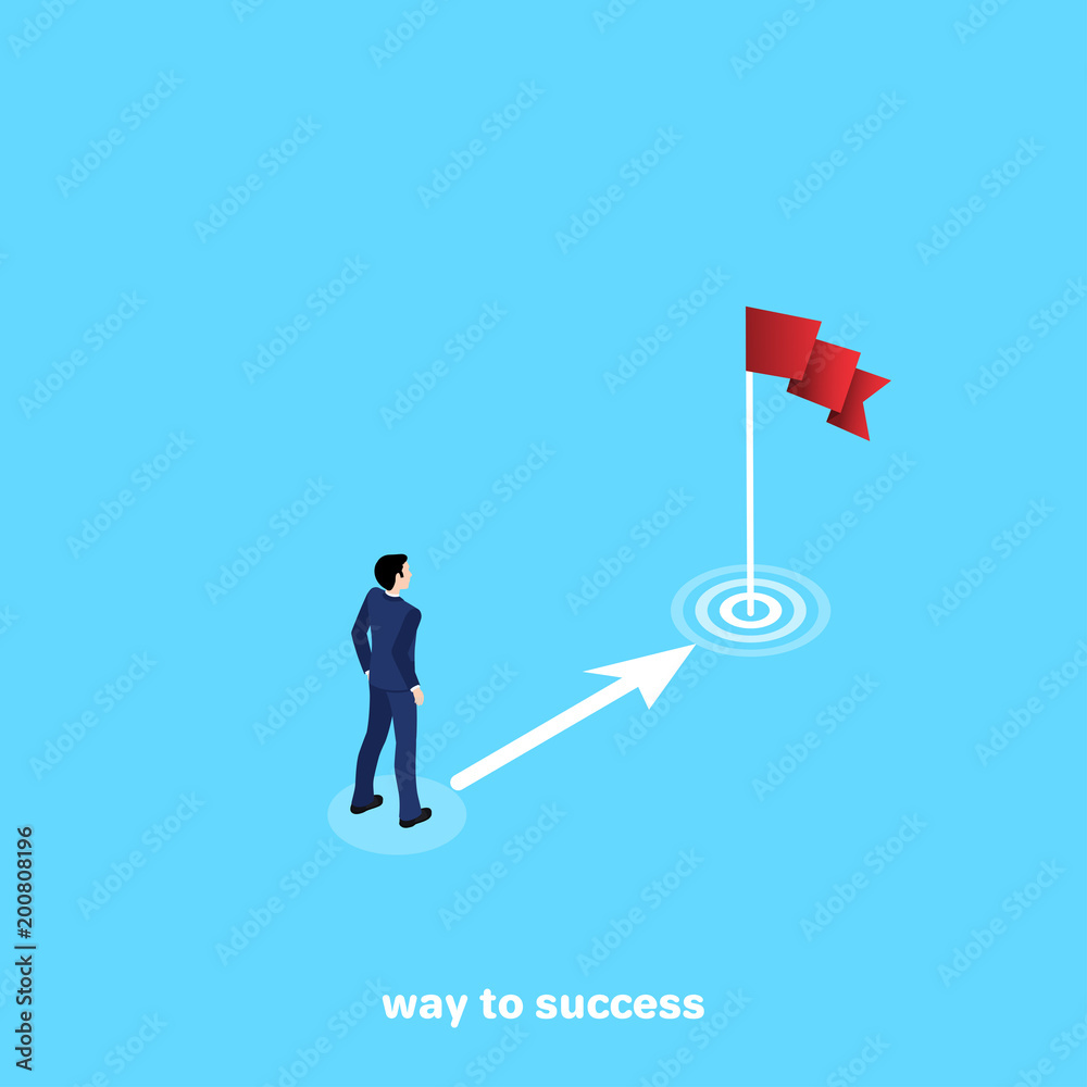 a man in a business suit stands before an arrow pointing at a flag, an isometric image a man in a business suit stands before an arrow pointing at a flag, an isometric image
