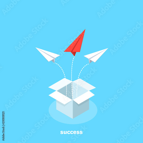 paper airplanes flying out of the open box in different directions, isometric image