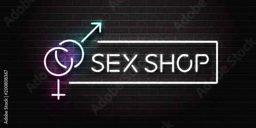 Vector realistic isolated neon sign of Sex Shop lettering logo for decoration and covering on the wall background. Concept of night club and erotic show.