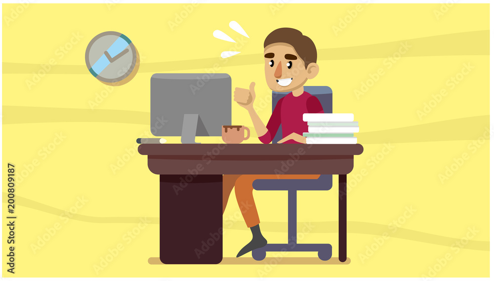 young man is sitting in the office. working situation. vector illustration young man is sitting in the office. working situation. vector illustration