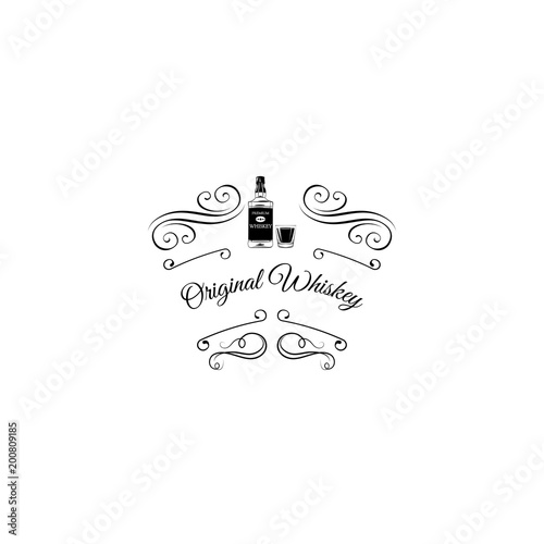 Whiskey Scotch bottle icon. Swirls, Scroll elements, ornate filigree border, frame. Vector.