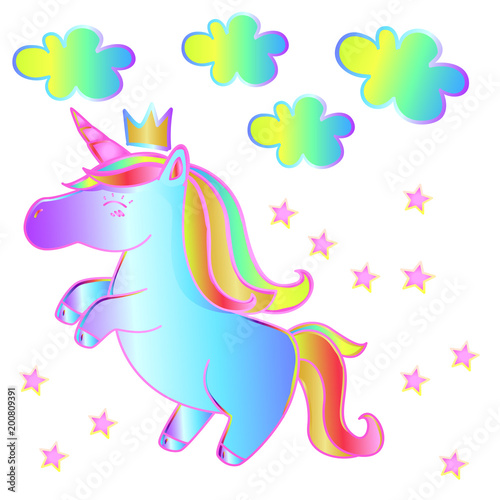 Cute destic unicorn - a fairy tale with stars and clouds on an isolated white background. Beautiful magic vector