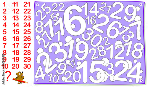 Logic puzzle game for young children. Find all the numbers from 1 till 30 and paint them. Vector cartoon image.