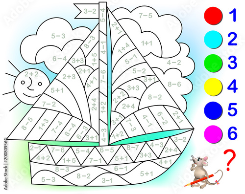 Educational page with exercises for children on addition and subtraction. Need to solve examples and to paint the image in relevant colors. Developing skills for counting. Vector image.