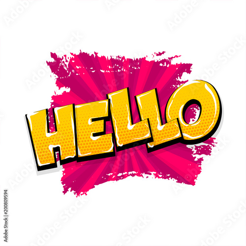 hello, hi, hey radial hand drawn pictures effects. Template comics grunge speech bubble brush halftone dot background. Pop art style. Comic dialog text cloud. Creative sketch explosion.