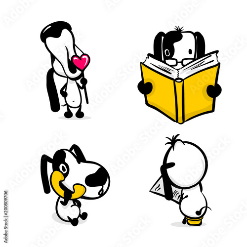 Cute dog reading book sticker set. Monochrome puppy collection design. Simple black white sketch vector illustration design. Comic character active funny animal pet. Happy friendly doggy collection.