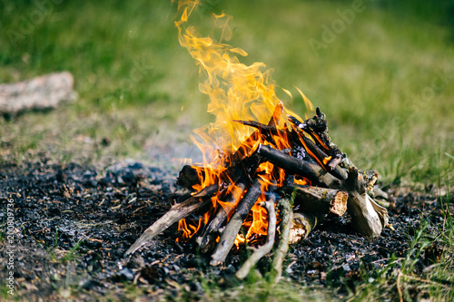 Burning firewood in outdoor summer camp on green abstract background. Travel and tourism. Nature leisure rest. Wood in flame. Lifestyle cozy place for dinner preparation. Smoldering coals and ash.