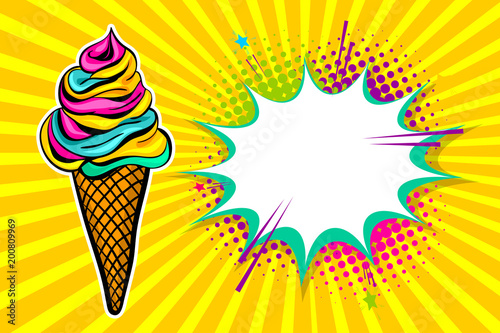 Comic book text Summer Time. Pop art style halftone background cold sweet cartoon cone poster. Retro vintage vector illustration. Advertise Ice Cream colorful banner food. Speech bubble.