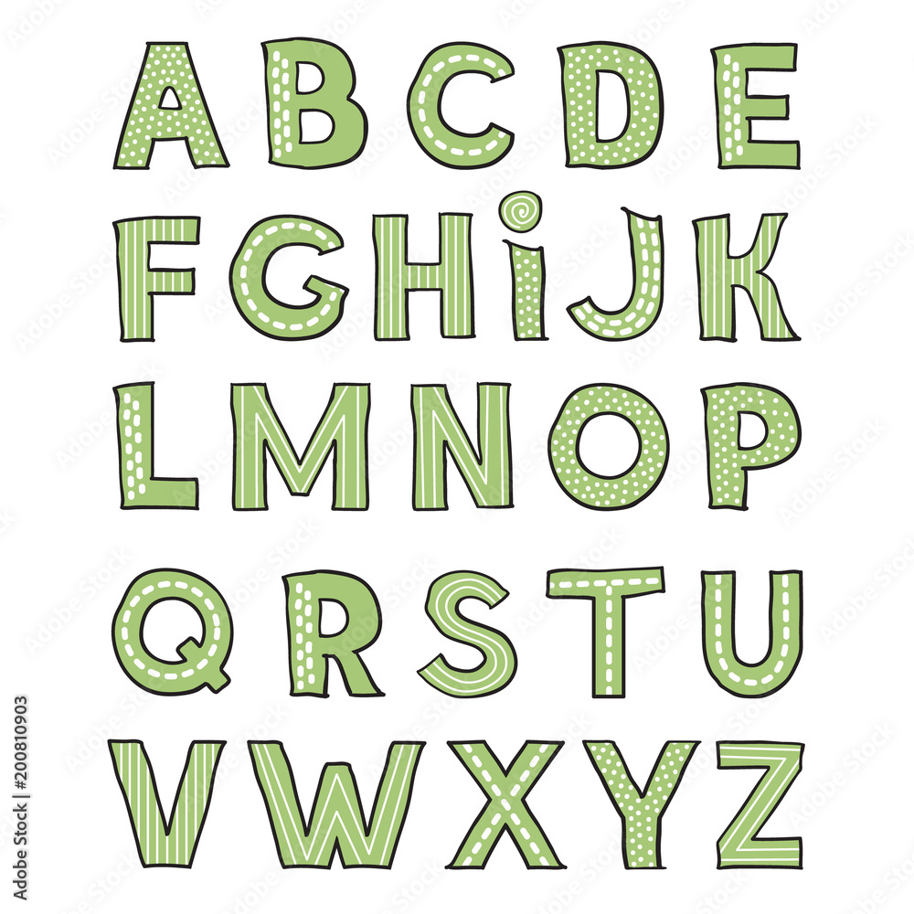 Hand drawm cute green alphabet on white background