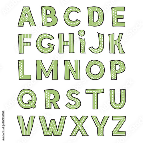 Hand drawm cute green alphabet on white background