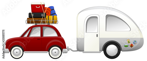 Vector illustration of a car, piled high with various travel items, towing a silver travel/camping trailer.