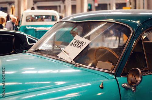 Classic american vintage car for sale on a historic motor exhibition
