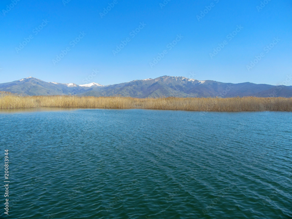Landscape of Little Prespa Lake, Municipality of Devol, Greece.