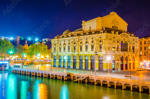 Night view of Arriaga theatre in the spanish city Bilbao photo