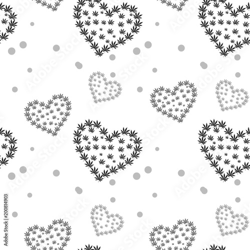Cannabis marijuana and heart vector seamless pattern