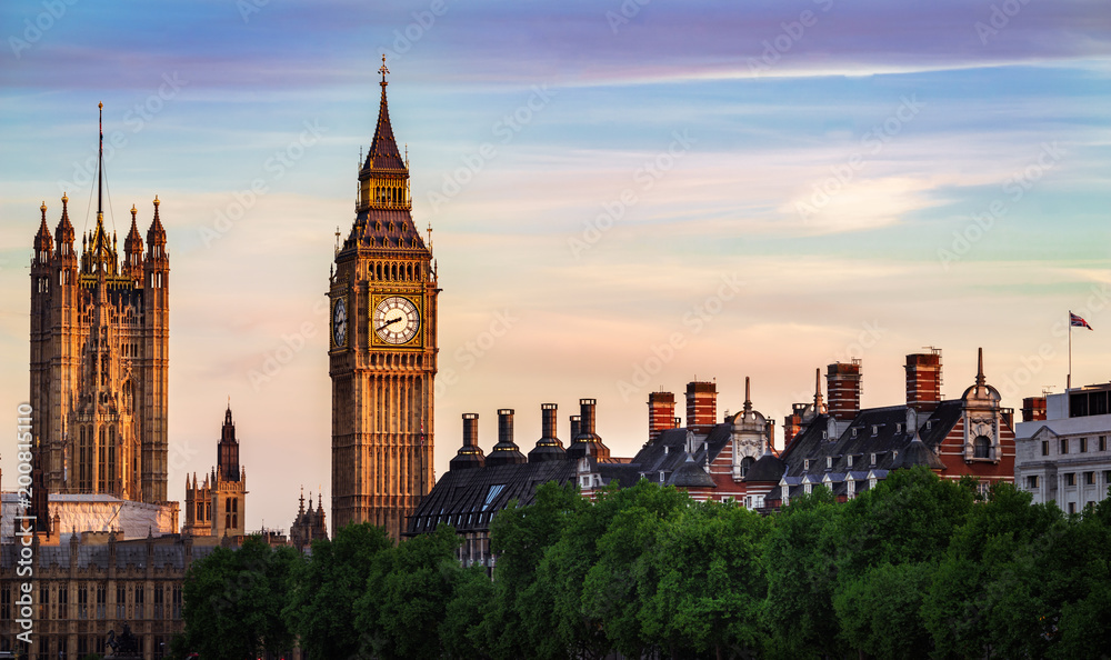 Big Ben and Westminster parliament in London, United Kingdom at sunset