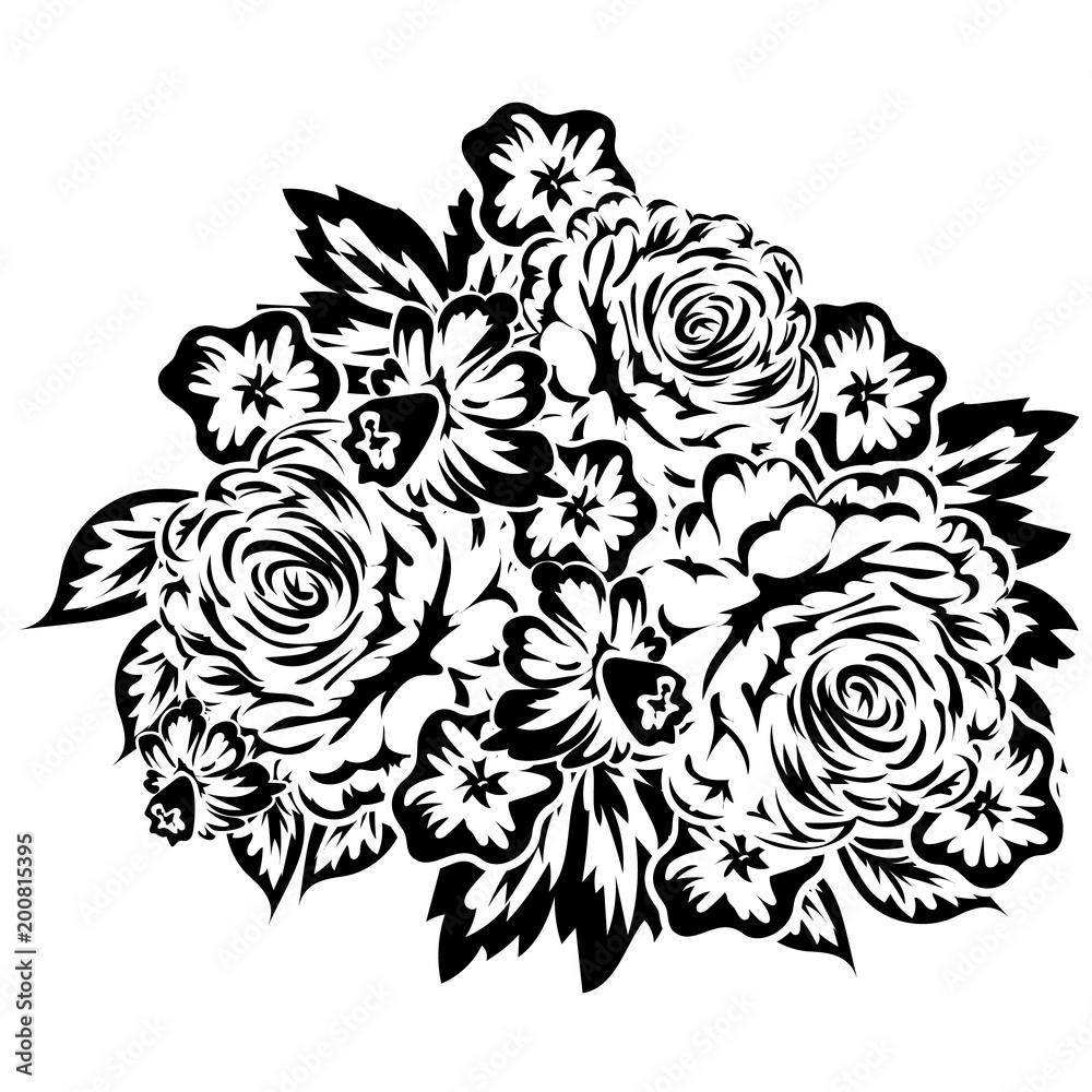 bouquet of flowers monochrome for postcards, congratulations, price tags