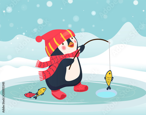 penguin fisherman caught fish