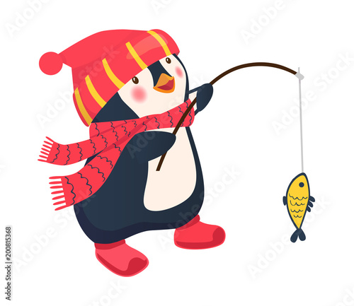 penguin fisherman caught fish