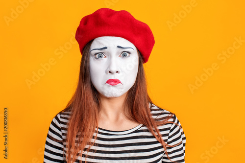фотографія Closeup portrait of cute unhappy mime woman cry