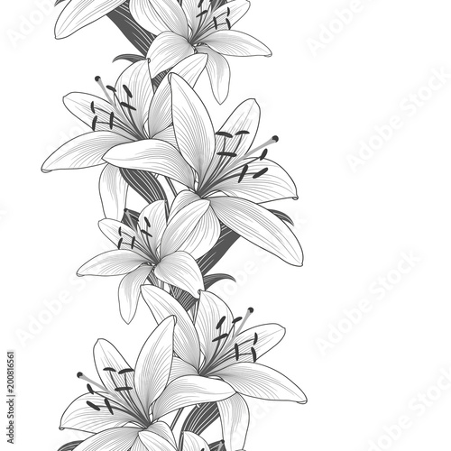 Monochrome seamless background with hand-drawn lily flowers.