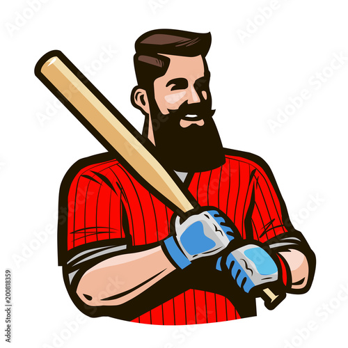 Baseball player holding baseball bat. Sport concept. Cartoon vector illustration