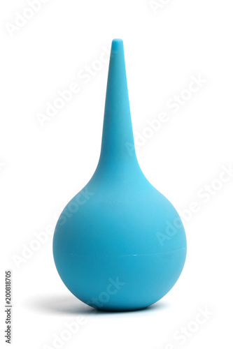 Clean blue rubber enema bulb isolated on white background