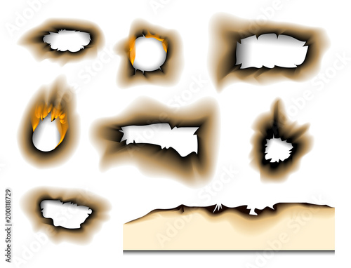 Burnt piece burned faded paper hole realistic fire flame isolated page sheet torn ash vector illustration
